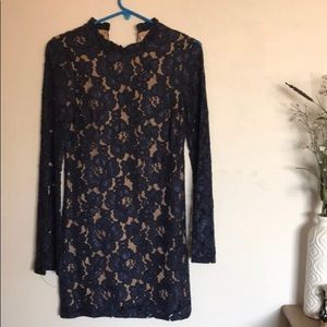 Navy Blue Lace Over Nude Cocktail Dress